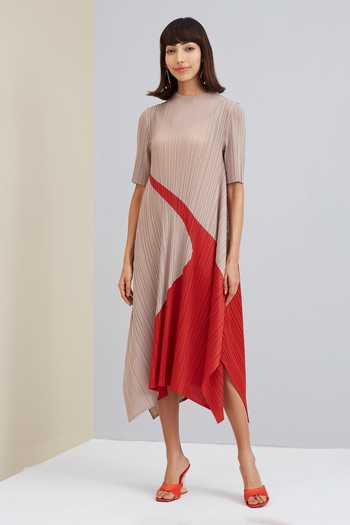 Scarlet Sage_Beige Polyester Trista Abstract Print Dress_Online_at_Aza_Fashions