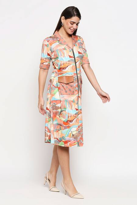 So Us By Sougatpaul Multi Color Cotton Twill Lapel Collar Printed Jacket Dress Online at Aza Fashions So Us By Sougatpaul_Multi Color Cotton Twill Lapel Collar Printed Jacket Dress _Online_at_Aza_Fashions