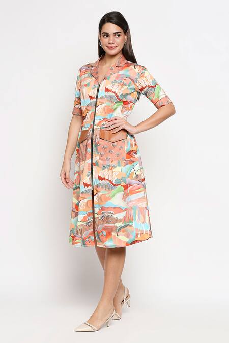 Shop So Us By Sougatpaul Multi Color Cotton Twill Lapel Collar Printed Jacket Dress Online at Aza Fashions Shop_So Us By Sougatpaul_Multi Color Cotton Twill Lapel Collar Printed Jacket Dress _Online_at_Aza_Fashions