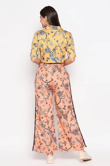 Shop_So Us By Sougatpaul_Yellow Cotton Twill Lapel Collar Printed Crop Shirt And Pant Set _at_Aza_Fashions