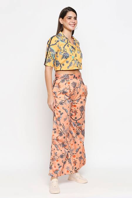 So Us By Sougatpaul_Yellow Cotton Twill Lapel Collar Printed Crop Shirt And Pant Set _Online_at_Aza_Fashions