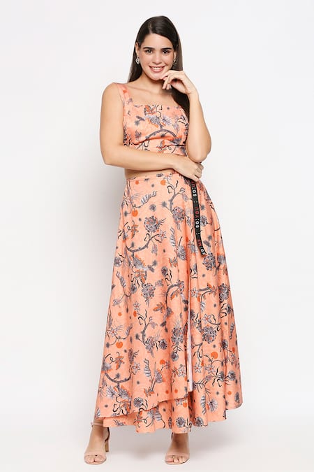 Buy So Us By Sougatpaul Peach Cotton Twill Square Neck Printed Top And Skirt Set Online at Aza Fashions Buy_So Us By Sougatpaul_Peach Cotton Twill Square Neck Printed Top And Skirt Set _Online_at_Aza_Fashions