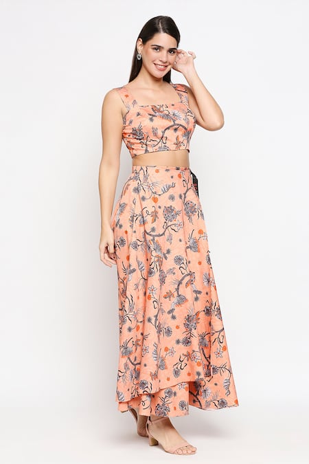 So Us By Sougatpaul Peach Cotton Twill Square Neck Printed Top And Skirt Set Online at Aza Fashions So Us By Sougatpaul_Peach Cotton Twill Square Neck Printed Top And Skirt Set _Online_at_Aza_Fashions
