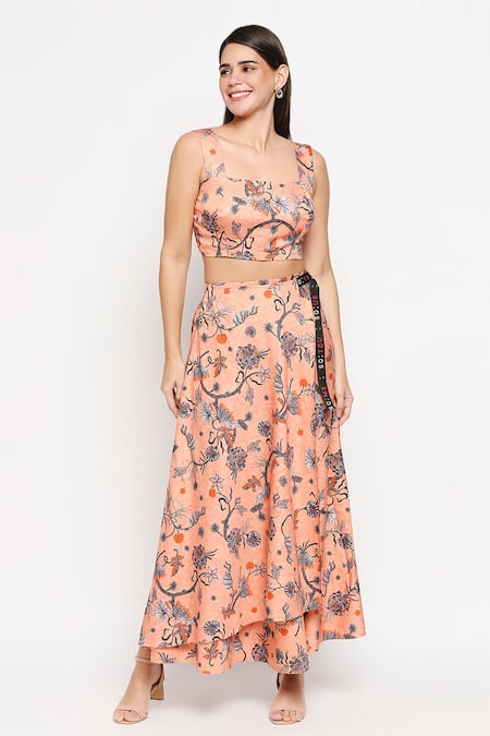 Shop So Us By Sougatpaul Peach Cotton Twill Square Neck Printed Top And Skirt Set Online at Aza Fashions Shop_So Us By Sougatpaul_Peach Cotton Twill Square Neck Printed Top And Skirt Set _Online_at_Aza_Fashions