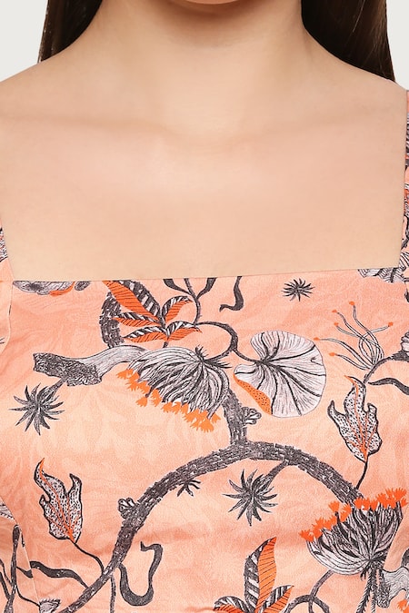 So Us By Sougatpaul Peach Cotton Twill Square Neck Printed Top And Skirt Set at Aza Fashions So Us By Sougatpaul_Peach Cotton Twill Square Neck Printed Top And Skirt Set _at_Aza_Fashions