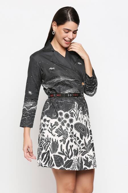 So Us By Sougatpaul_Black Cotton Twill Lapel Collar Overlap Printed Jacket Dress _Online_at_Aza_Fashions