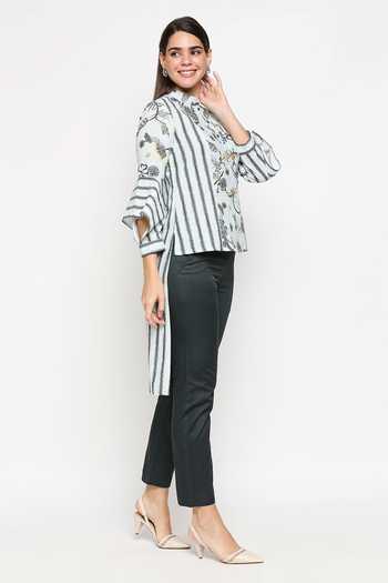 So Us By Sougatpaul_Blue Cotton Twill Stand Collar Printed High-low Top And Pant Set _Online_at_Aza_Fashions