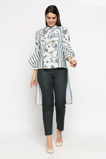 Buy_So Us By Sougatpaul_Blue Cotton Twill Stand Collar Printed High-low Top And Pant Set _Online_at_Aza_Fashions