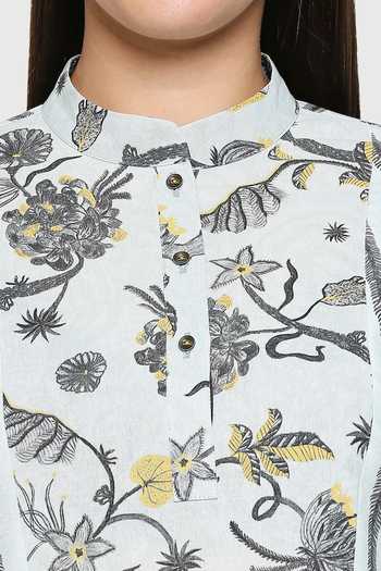 So Us By Sougatpaul_Blue Cotton Twill Stand Collar Printed High-low Top And Pant Set _at_Aza_Fashions
