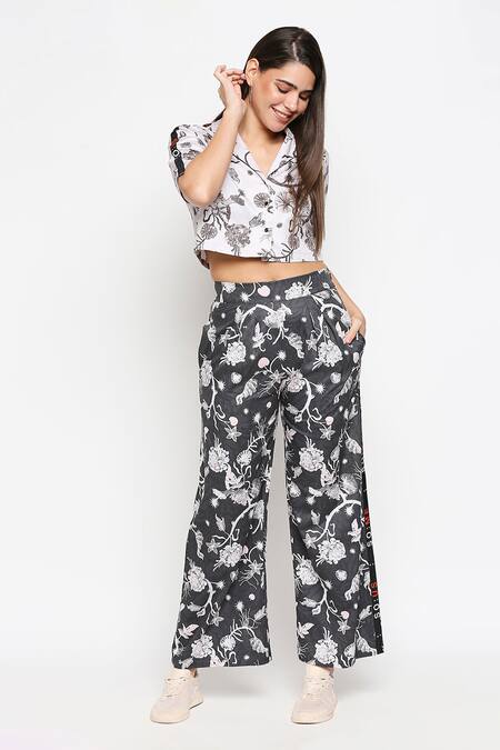 Buy_So Us By Sougatpaul_Blue Cotton Twill Lapel Collar Printed Crop Shirt And Pant Set _Online_at_Aza_Fashions