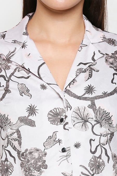 So Us By Sougatpaul_Blue Cotton Twill Lapel Collar Printed Crop Shirt And Pant Set _at_Aza_Fashions