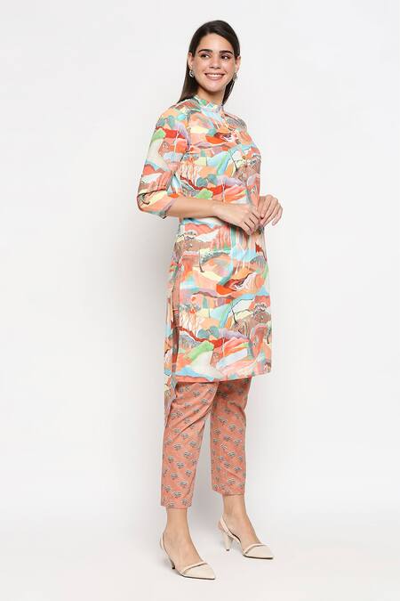 So Us By Sougatpaul Multi Color Cotton Twill Embroidery Stand Asymmetric Kurta And Pant Set Online at Aza Fashions So Us By Sougatpaul_Multi Color Cotton Twill Embroidery Stand Asymmetric Kurta And Pant Set _Online_at_Aza_Fashions