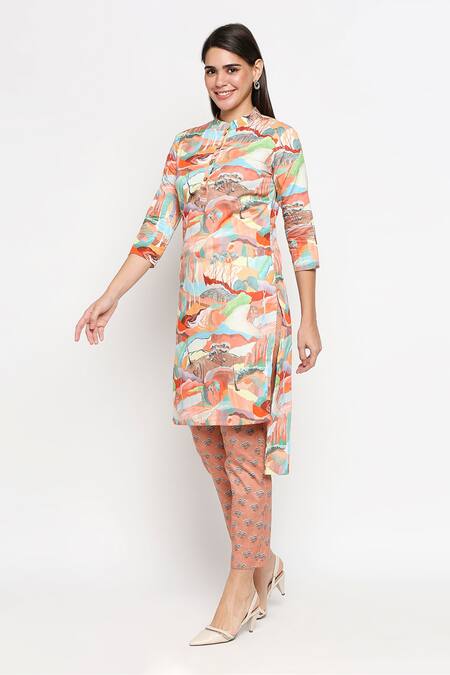 Buy So Us By Sougatpaul Multi Color Cotton Twill Embroidery Stand Asymmetric Kurta And Pant Set Online at Aza Fashions Buy_So Us By Sougatpaul_Multi Color Cotton Twill Embroidery Stand Asymmetric Kurta And Pant Set _Online_at_Aza_Fashions