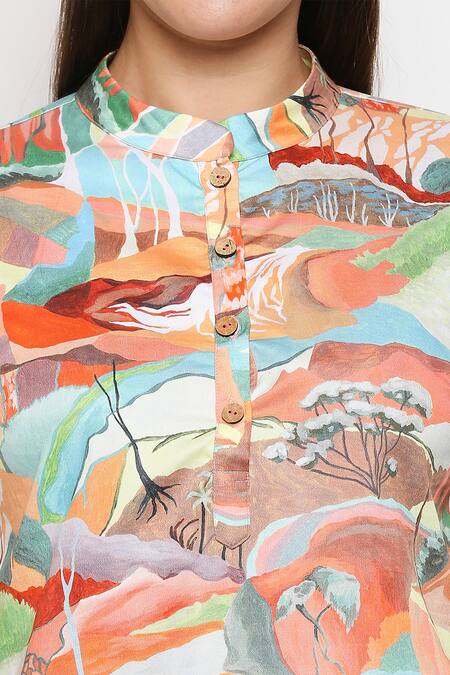 So Us By Sougatpaul Multi Color Cotton Twill Embroidery Stand Asymmetric Kurta And Pant Set at Aza Fashions So Us By Sougatpaul_Multi Color Cotton Twill Embroidery Stand Asymmetric Kurta And Pant Set _at_Aza_Fashions