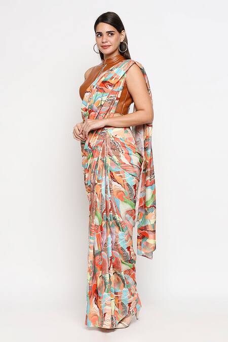 Buy_So Us By Sougatpaul_Multi Color Muslin Slub Embroidery Stand Printed Saree With Blouse  _Online_at_Aza_Fashions