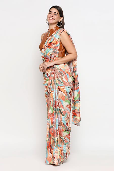 Shop_So Us By Sougatpaul_Multi Color Muslin Slub Embroidery Stand Printed Saree With Blouse  _Online_at_Aza_Fashions