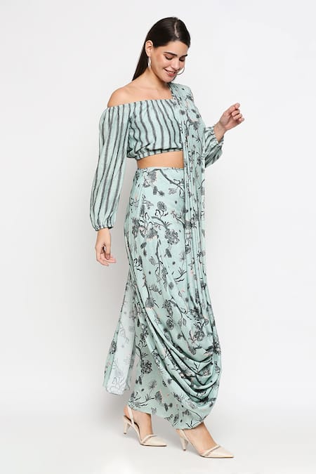 So Us By Sougatpaul_Blue Muslin Slub Pre-draped Pant Saree With Blouse _Online_at_Aza_Fashions