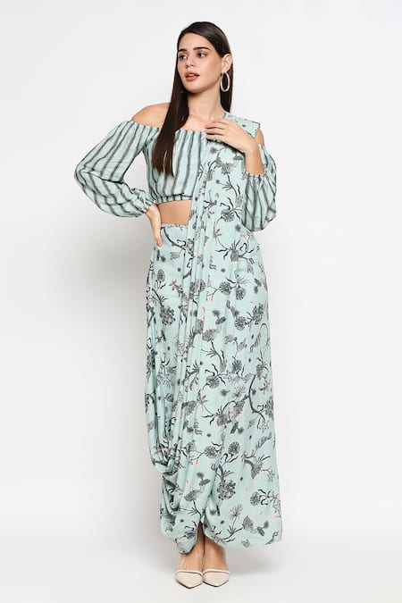 Buy_So Us By Sougatpaul_Blue Muslin Slub Pre-draped Pant Saree With Blouse _Online_at_Aza_Fashions