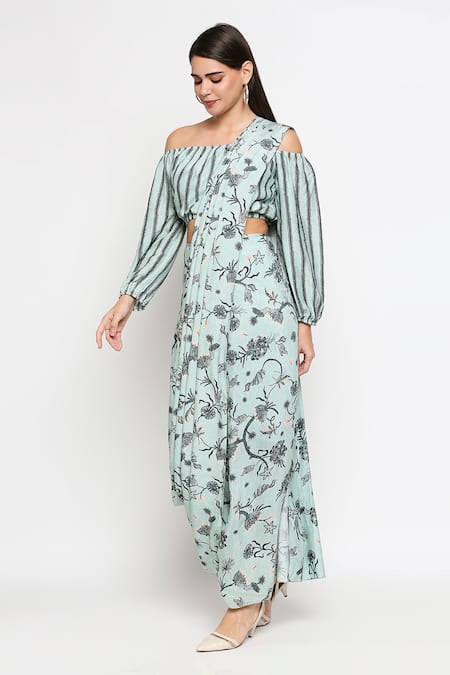 Shop_So Us By Sougatpaul_Blue Muslin Slub Pre-draped Pant Saree With Blouse _Online_at_Aza_Fashions