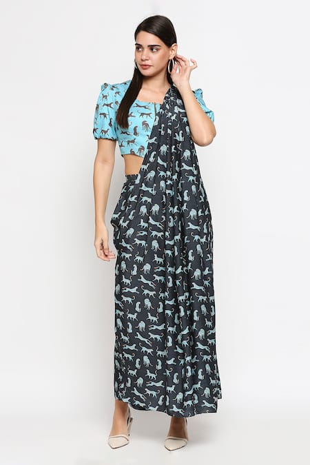 Buy So Us By Sougatpaul Blue Muslin Slub Embroidery Square Pre-draped Pant Saree With Blouse Online at Aza Fashions Buy_So Us By Sougatpaul_Blue Muslin Slub Embroidery Square Pre-draped Pant Saree With Blouse _Online_at_Aza_Fashions