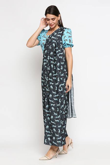 Shop So Us By Sougatpaul Blue Muslin Slub Embroidery Square Pre-draped Pant Saree With Blouse Online at Aza Fashions Shop_So Us By Sougatpaul_Blue Muslin Slub Embroidery Square Pre-draped Pant Saree With Blouse _Online_at_Aza_Fashions