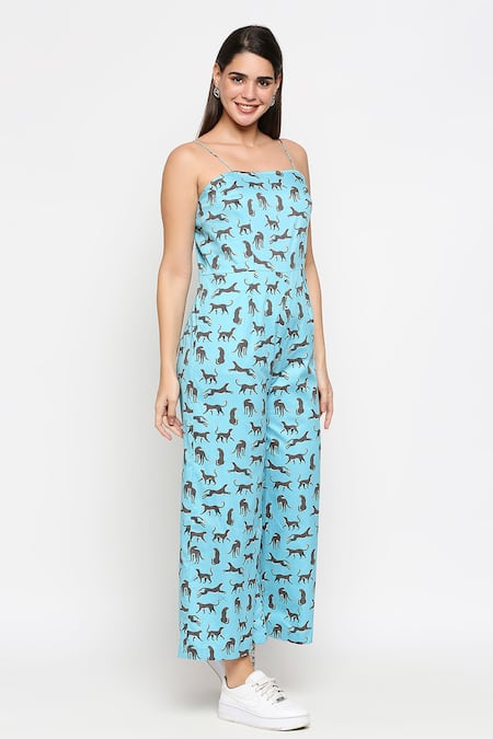 Buy_So Us By Sougatpaul_Blue Cotton Twill Square Neck Animal Print Jumpsuit _Online_at_Aza_Fashions