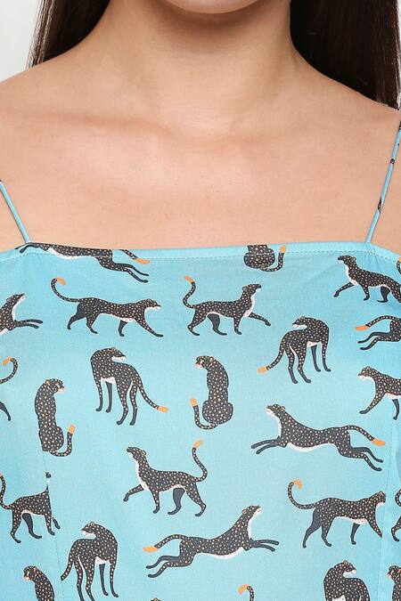 So Us By Sougatpaul_Blue Cotton Twill Square Neck Animal Print Jumpsuit _at_Aza_Fashions