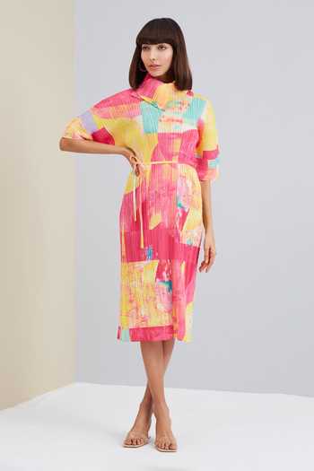 Scarlet Sage_Yellow Polyester Mirabelle Abstract Print Dress_Online_at_Aza_Fashions
