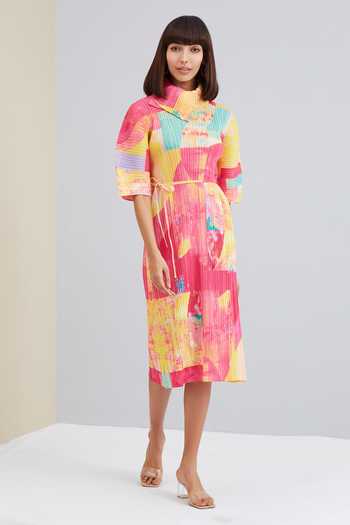 Buy_Scarlet Sage_Yellow Polyester Mirabelle Abstract Print Dress_Online_at_Aza_Fashions