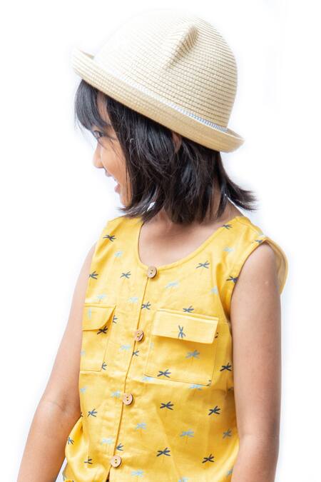 Miko Lolo_Blue Organic Cotton Block Sunny Palm Top And Shorts Set_Online_at_Aza_Fashions