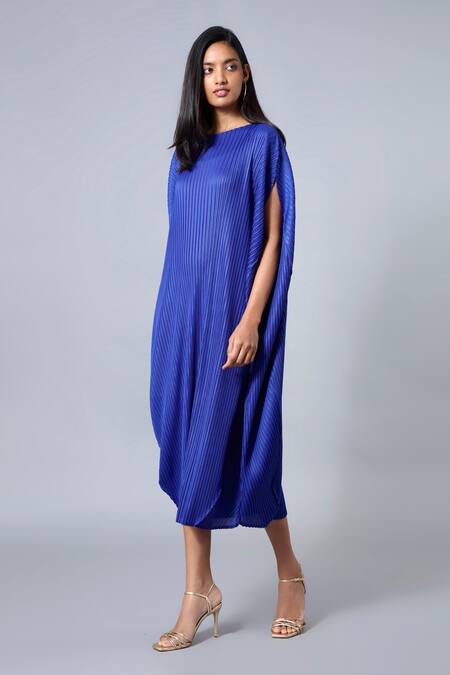 Shop_Scarlet Sage_Blue Polyester Giselle Draped Shift Dress_Online_at_Aza_Fashions