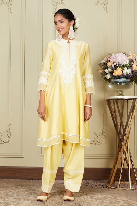 Sheetal Batra_Yellow Kurta Silk Chanderi Salwar Glazed Cotton Ryhana Embroidered Set_Online_at_Aza_Fashions