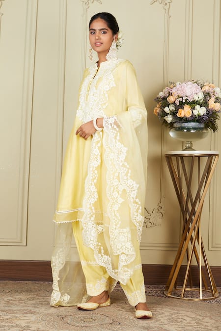 Buy_Sheetal Batra_Yellow Kurta Silk Chanderi Salwar Glazed Cotton Ryhana Embroidered Set_Online_at_Aza_Fashions