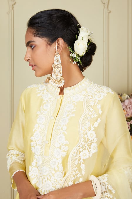 Shop_Sheetal Batra_Yellow Kurta Silk Chanderi Salwar Glazed Cotton Ryhana Embroidered Set_Online_at_Aza_Fashions