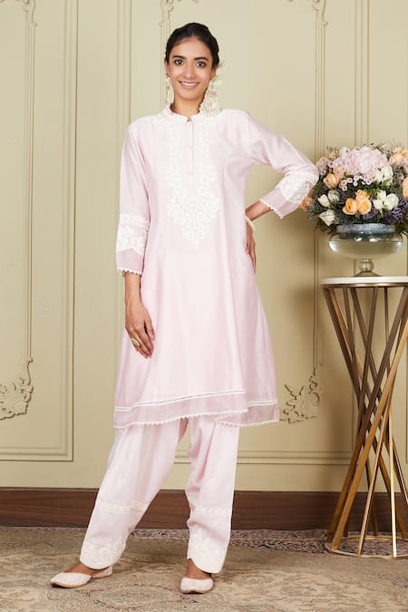 Sheetal Batra_Pink Kurta Silk Chanderi Salwar Glazed Cotton Ryhana A-line Embroidered Set_Online_at_Aza_Fashions