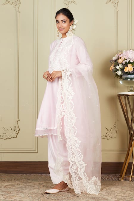Buy_Sheetal Batra_Pink Kurta Silk Chanderi Salwar Glazed Cotton Ryhana A-line Embroidered Set_Online_at_Aza_Fashions
