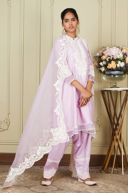 Sheetal Batra_Purple Kurta Silk Chanderi Salwar Glazed Cotton Ryhana Embroidered Set_Online_at_Aza_Fashions