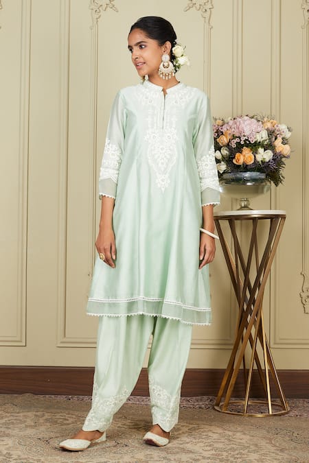 Sheetal Batra_Green Kurta Silk Chanderi Salwar Glazed Ruzena Floral Embroidered Set_Online_at_Aza_Fashions