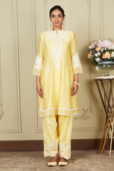 Sheetal Batra_Yellow Kurta Silk Chanderi Salwar Glazed Cotton Ruzena Embroidered Set_Online_at_Aza_Fashions