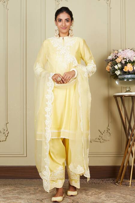 Buy_Sheetal Batra_Yellow Kurta Silk Chanderi Salwar Glazed Cotton Ruzena Embroidered Set_Online_at_Aza_Fashions