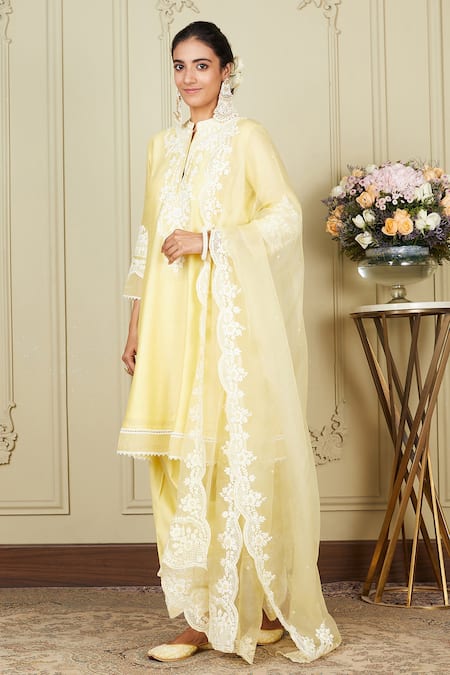Shop_Sheetal Batra_Yellow Kurta Silk Chanderi Salwar Glazed Cotton Ruzena Embroidered Set_Online_at_Aza_Fashions