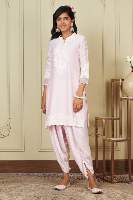 Sheetal Batra_Pink Kurta Silk Chanderi Dhoti Pant Bamberg Satin Dori Work Ayika And Set_Online_at_Aza_Fashions