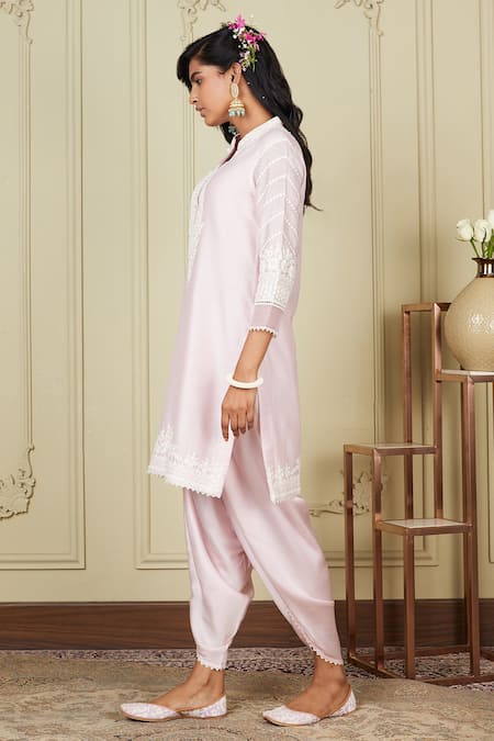Buy_Sheetal Batra_Pink Kurta Silk Chanderi Dhoti Pant Bamberg Satin Dori Work Ayika And Set_Online_at_Aza_Fashions