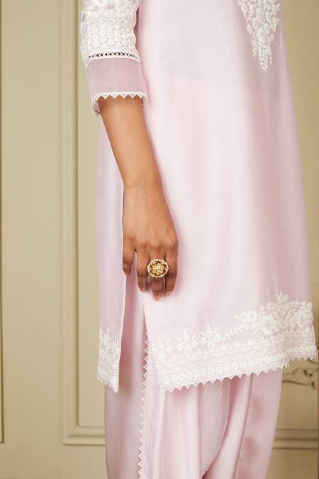 Shop_Sheetal Batra_Pink Kurta Silk Chanderi Dhoti Pant Bamberg Satin Dori Work Ayika And Set_Online_at_Aza_Fashions