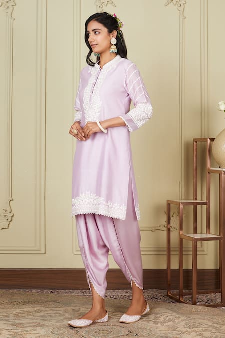 Buy_Sheetal Batra_Purple Kurta Silk Chanderi Dhoti Pant Bamberg Satin Dori Work Ayika And Set _Online_at_Aza_Fashions