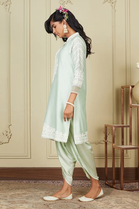 Buy_Sheetal Batra_Green Kurta Silk Chanderi Dhoti Pant Bamberg Satin Ayika Embroidered And Set _Online_at_Aza_Fashions