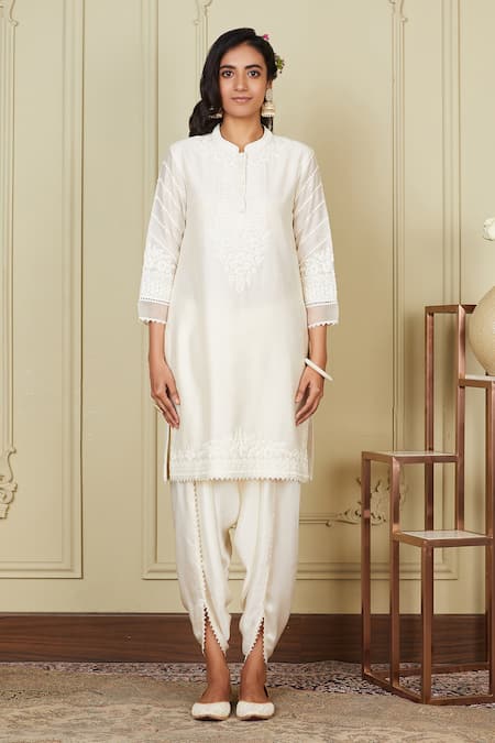 Sheetal Batra_White Kurta Silk Chanderi Dhoti Pant Bamberg Satin Dori Work Ayanna And Set_Online_at_Aza_Fashions