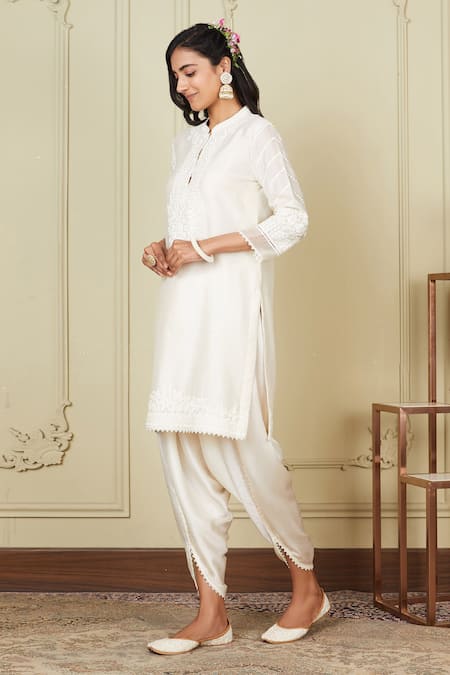 Buy_Sheetal Batra_White Kurta Silk Chanderi Dhoti Pant Bamberg Satin Dori Work Ayanna And Set_Online_at_Aza_Fashions