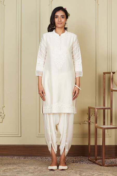 Sheetal Batra_White Silk Chanderi Dhoti Pant Bamberg Satin Dori Work Ayika Kurta And Set_Online_at_Aza_Fashions