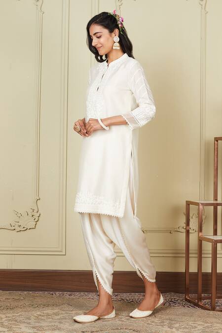 Buy_Sheetal Batra_White Silk Chanderi Dhoti Pant Bamberg Satin Dori Work Ayika Kurta And Set_Online_at_Aza_Fashions